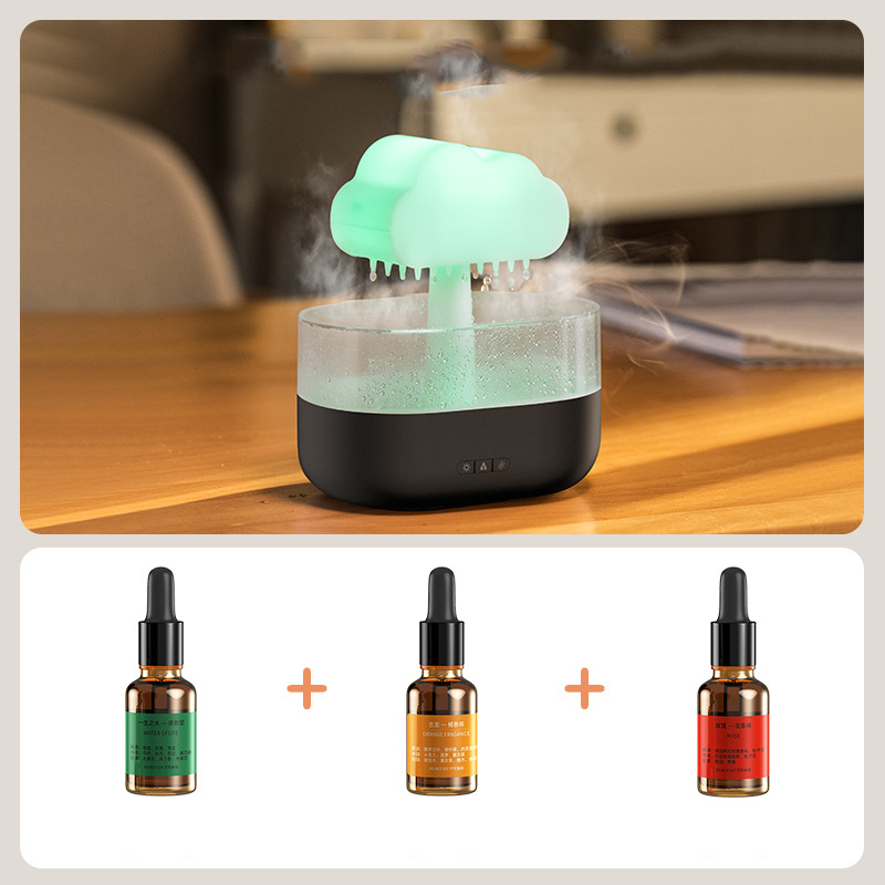 Black clouds and rain USB plug-in humidifying aromatherapy machine + seven-color night light + 3 bottles of essential oil cologne + floral + fresh